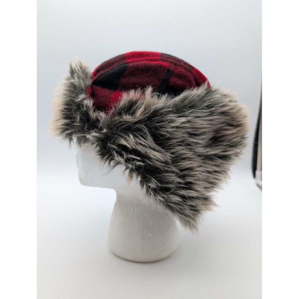 Target Buffalo Plaid Trapper Hat Red Black Faux Fur Trim OSFM F16834483
